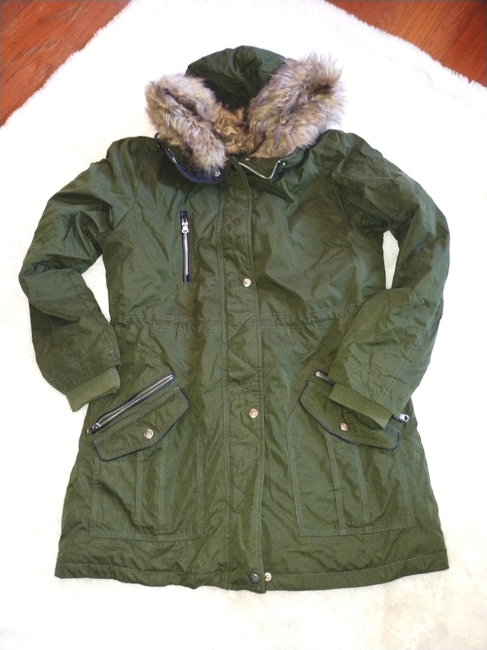 Time and Tru Olive Green Faux Fur Trim Hooded Trench Coat